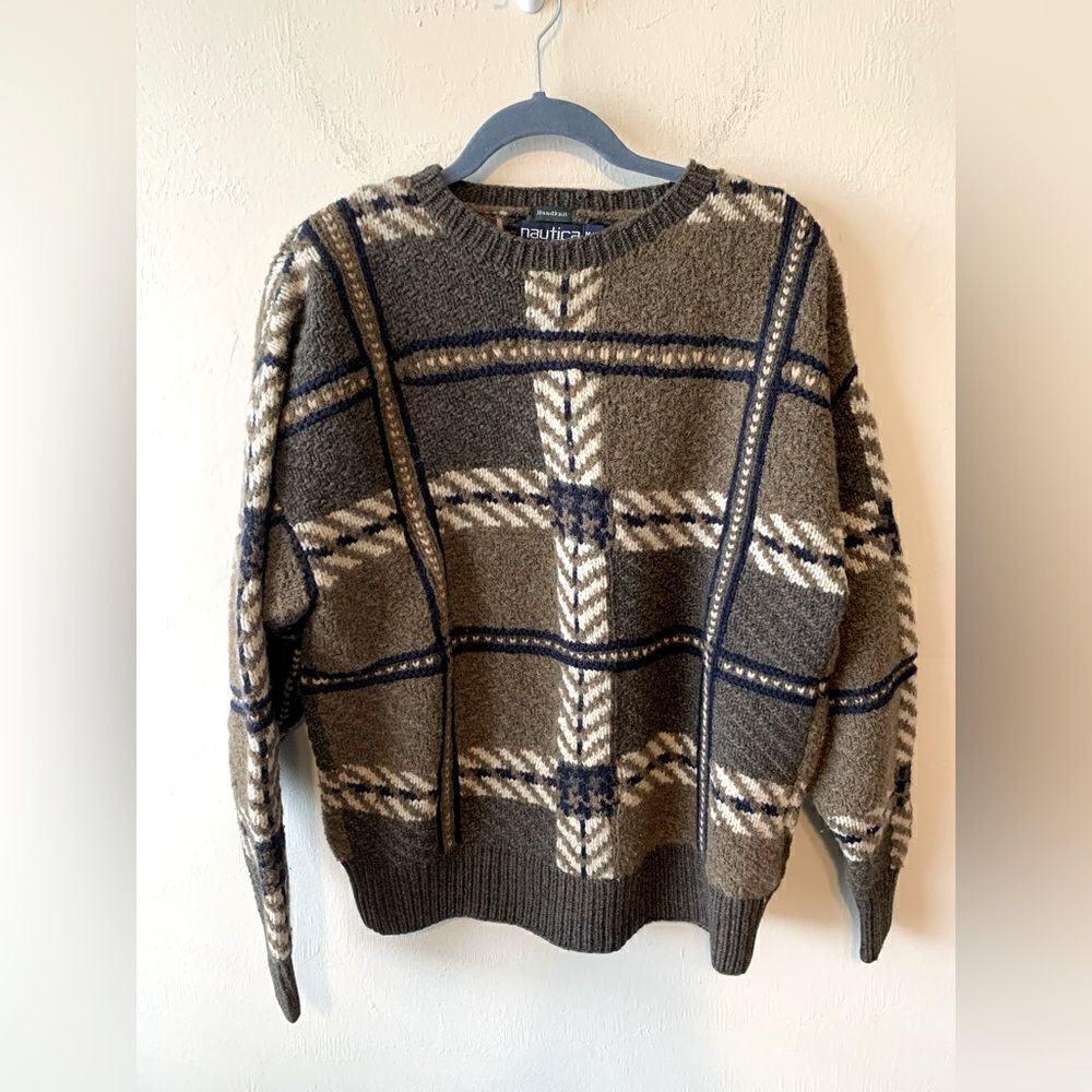 Vintage Nautical hand woven brown pattern wool blend sweater size M
